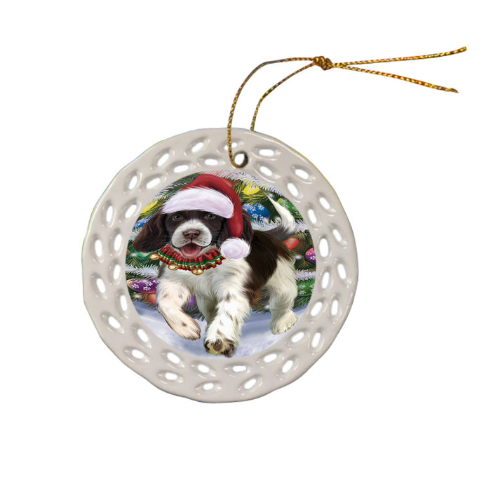 Trotting in the Snow English Springer Spaniel Dog Ceramic Doily Ornament DPOR54701