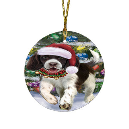 Trotting in the Snow English Springer Spaniel Dog Round Flat Christmas Ornament RFPOR54692