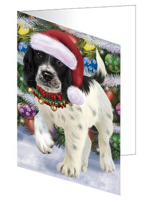 Trotting in the Snow English Springer Spaniel Dog Handmade Artwork Assorted Pets Greeting Cards and Note Cards with Envelopes for All Occasions and Holiday Seasons GCD68135