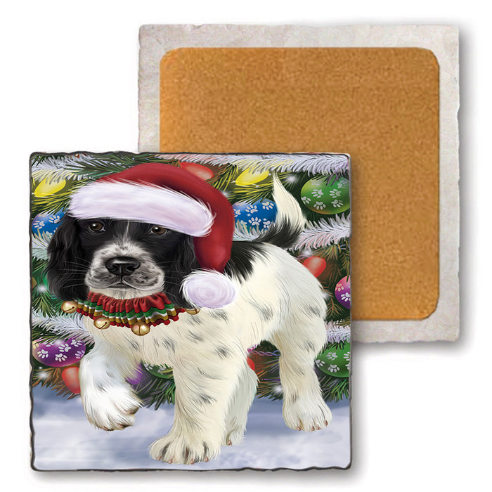 Trotting in the Snow English Springer Spaniel Dog Set of 4 Natural Stone Marble Tile Coasters MCST49574