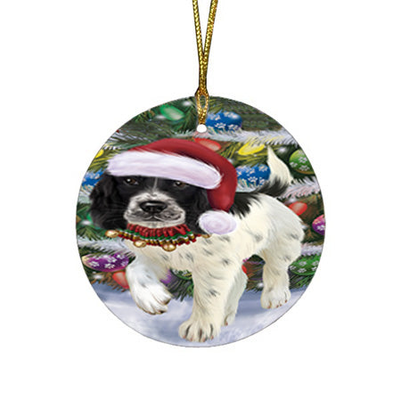 Trotting in the Snow English Springer Spaniel Dog Round Flat Christmas Ornament RFPOR54693