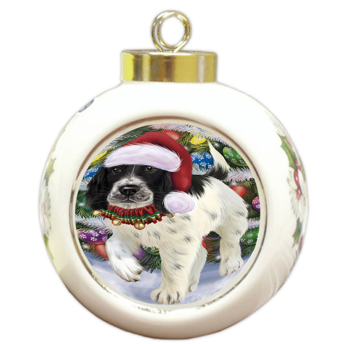 Trotting in the Snow English Springer Spaniel Dog Round Ball Christmas Ornament RBPOR54702