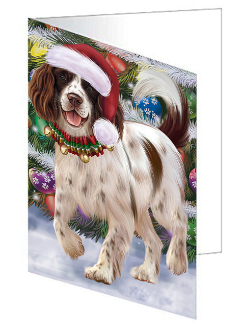 Trotting in the Snow English Springer Spaniel Dog Handmade Artwork Assorted Pets Greeting Cards and Note Cards with Envelopes for All Occasions and Holiday Seasons GCD68138