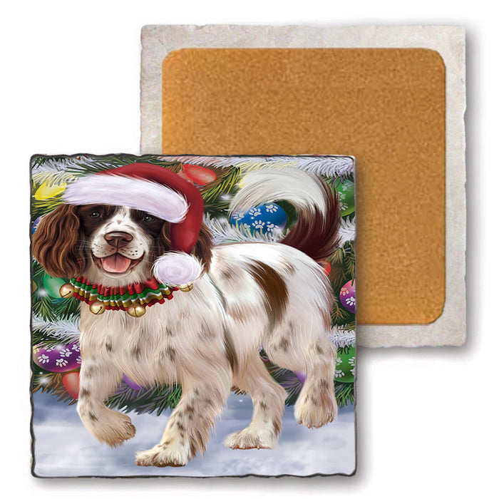 Trotting in the Snow English Springer Spaniel Dog Set of 4 Natural Stone Marble Tile Coasters MCST49575