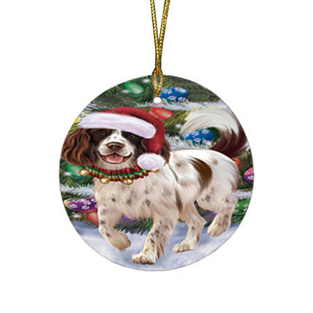 Trotting in the Snow English Springer Spaniel Dog Round Flat Christmas Ornament RFPOR54694