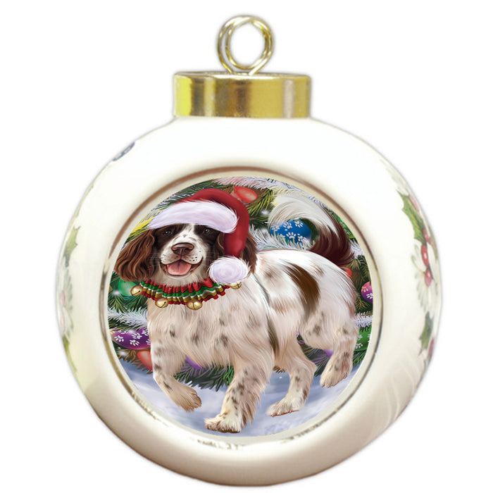 Trotting in the Snow English Springer Spaniel Dog Round Ball Christmas Ornament RBPOR54703