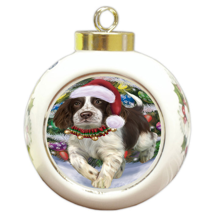 Trotting in the Snow English Springer Spaniel Dog Round Ball Christmas Ornament RBPOR54704