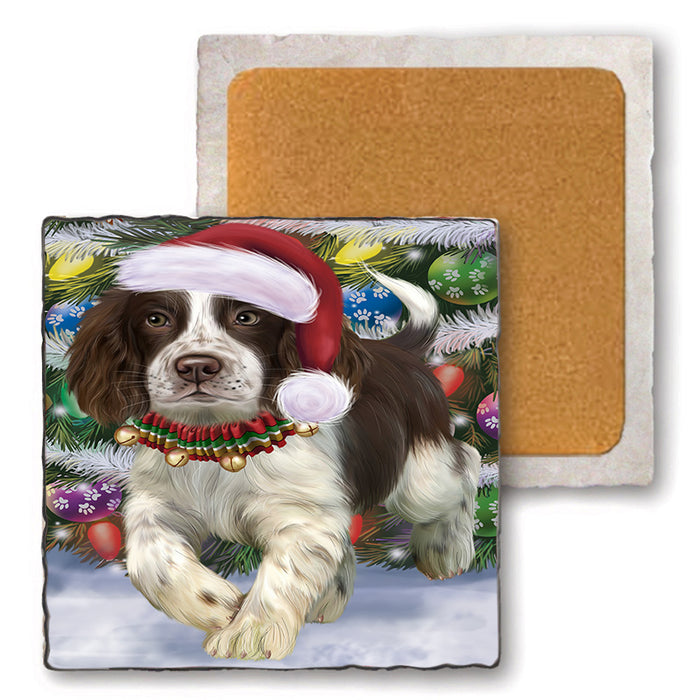 Trotting in the Snow English Springer Spaniel Dog Set of 4 Natural Stone Marble Tile Coasters MCST49576