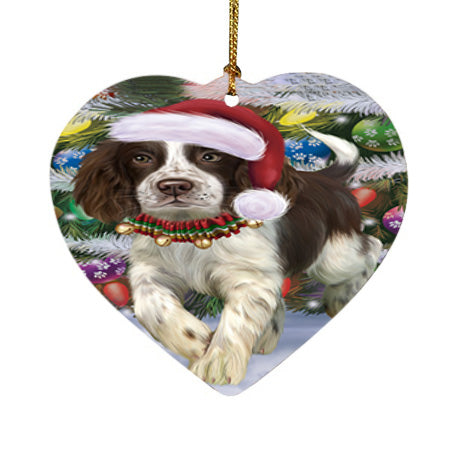 Trotting in the Snow English Springer Spaniel Dog Heart Christmas Ornament HPOR54704