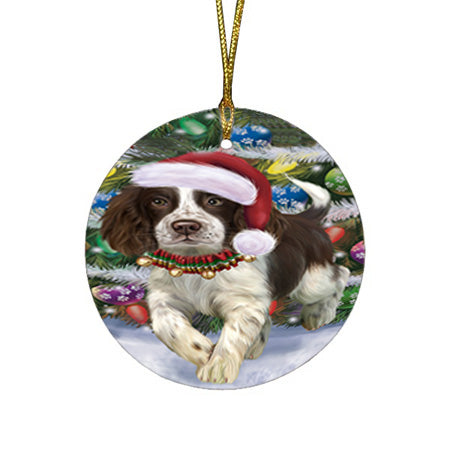 Trotting in the Snow English Springer Spaniel Dog Round Flat Christmas Ornament RFPOR54695