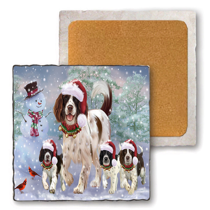 Christmas Running Family Dogs English Springer Spaniels Dog Set of 4 Natural Stone Marble Tile Coasters MCST49221