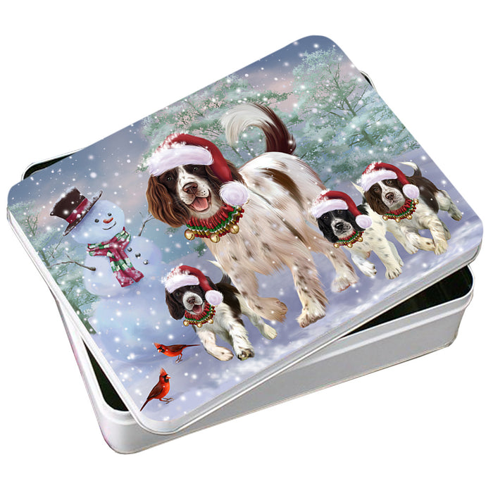 Christmas Running Family Dogs English Springer Spaniels Dog Photo Storage Tin PITN54164