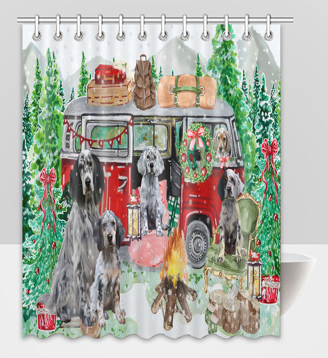 Christmas Time Camping with English Setter Dogs Shower Curtain Pet Painting Bathtub Curtain Waterproof Polyester One-Side Printing Decor Bath Tub Curtain for Bathroom with Hooks