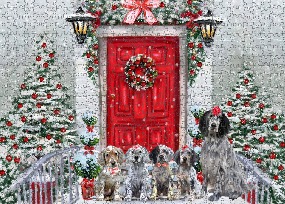 Christmas Holiday Welcome English Setter Dogs Portrait Jigsaw Puzzle for Adults Animal Interlocking Puzzle Game Unique Gift for Dog Lover's with Metal Tin Box