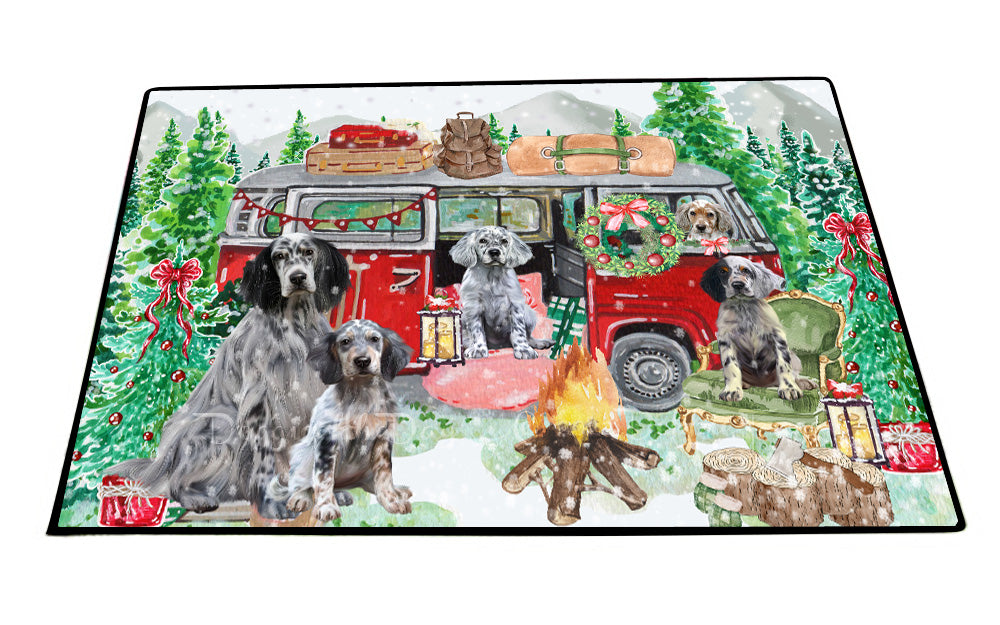 Christmas Time Camping with English Setter Dogs Floor Mat- Anti-Slip Pet Door Mat Indoor Outdoor Front Rug Mats for Home Outside Entrance Pets Portrait Unique Rug Washable Premium Quality Mat