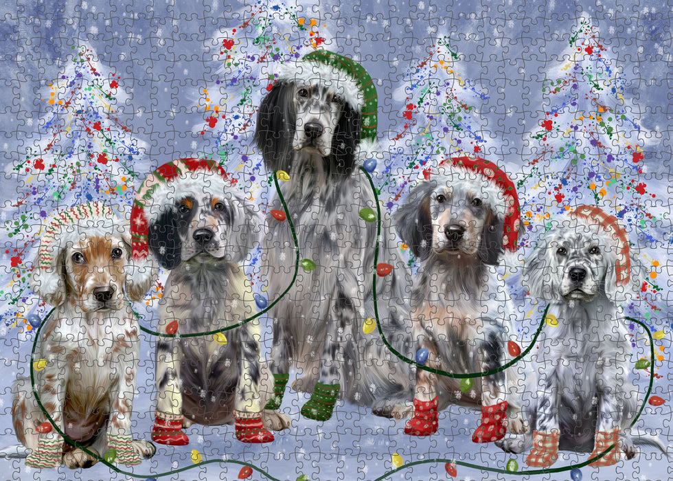 Christmas Lights and English Setter Dogs Portrait Jigsaw Puzzle for Adults Animal Interlocking Puzzle Game Unique Gift for Dog Lover's with Metal Tin Box