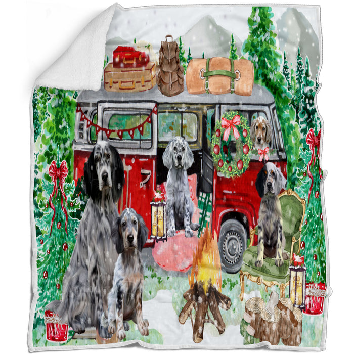 Christmas Time Camping with English Setter Dogs Blanket - Lightweight Soft Cozy and Durable Bed Blanket - Animal Theme Fuzzy Blanket for Sofa Couch