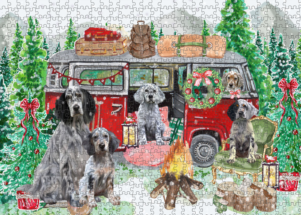 Christmas Time Camping with English Setter Dogs Portrait Jigsaw Puzzle for Adults Animal Interlocking Puzzle Game Unique Gift for Dog Lover's with Metal Tin Box