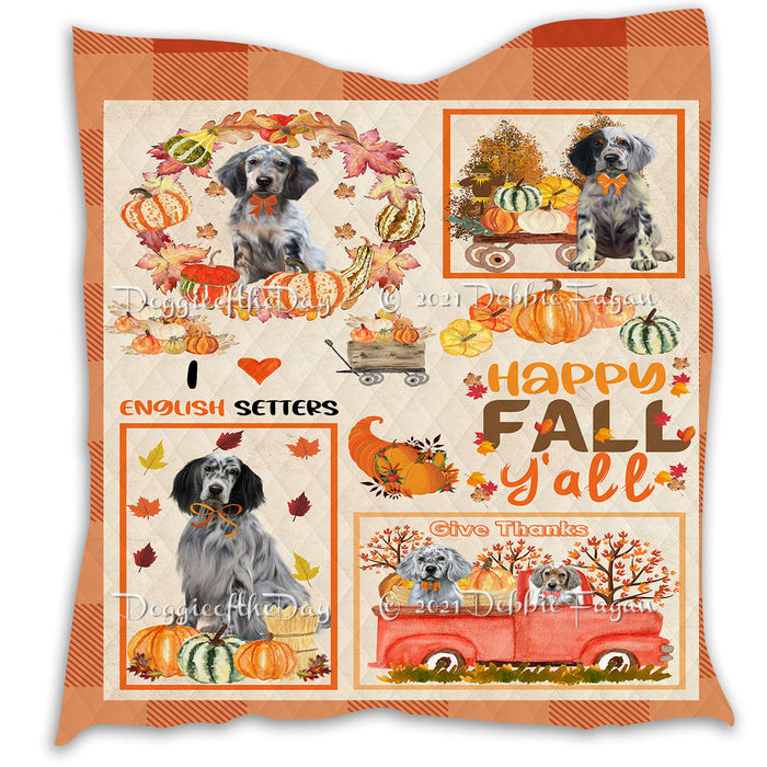 Happy Fall Y'all Pumpkin English Setter Dogs Quilt Bed Coverlet Bedspread - Pets Comforter Unique One-side Animal Printing - Soft Lightweight Durable Washable Polyester Quilt