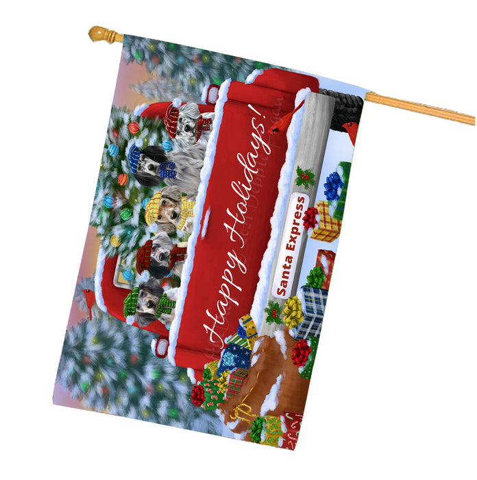 Christmas Red Truck Travlin Home for the Holidays English Setter Dogs House Flag Outdoor Decorative Double Sided Pet Portrait Weather Resistant Premium Quality Animal Printed Home Decorative Flags 100% Polyester