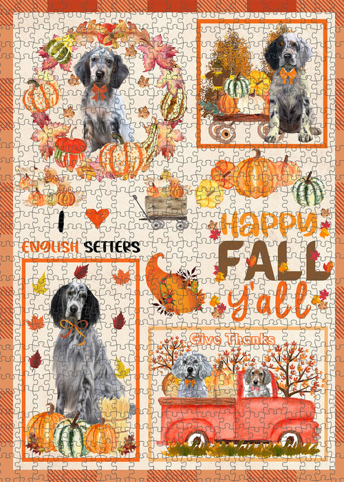 Happy Fall Y'all Pumpkin English Setter Dogs Portrait Jigsaw Puzzle for Adults Animal Interlocking Puzzle Game Unique Gift for Dog Lover's with Metal Tin Box