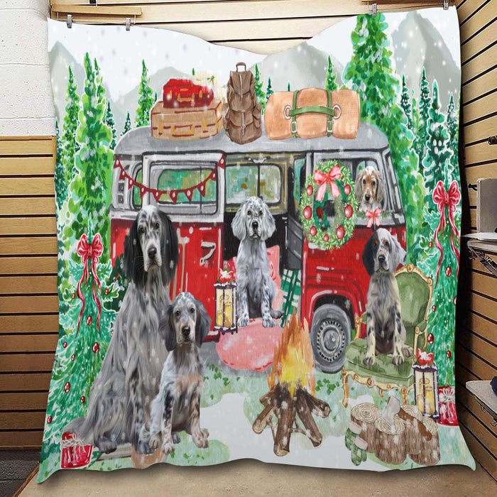 Christmas Time Camping with English Setter Dogs  Quilt Bed Coverlet Bedspread - Pets Comforter Unique One-side Animal Printing - Soft Lightweight Durable Washable Polyester Quilt