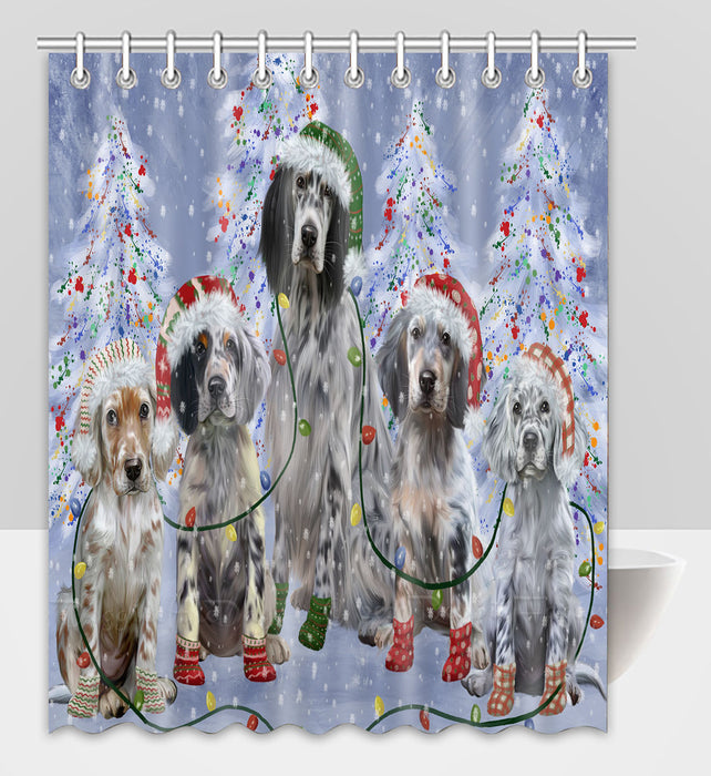 Christmas Lights and English Setter Dogs Shower Curtain Pet Painting Bathtub Curtain Waterproof Polyester One-Side Printing Decor Bath Tub Curtain for Bathroom with Hooks