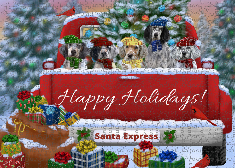 Christmas Red Truck Travlin Home for the Holidays English Setter Dogs Portrait Jigsaw Puzzle for Adults Animal Interlocking Puzzle Game Unique Gift for Dog Lover's with Metal Tin Box