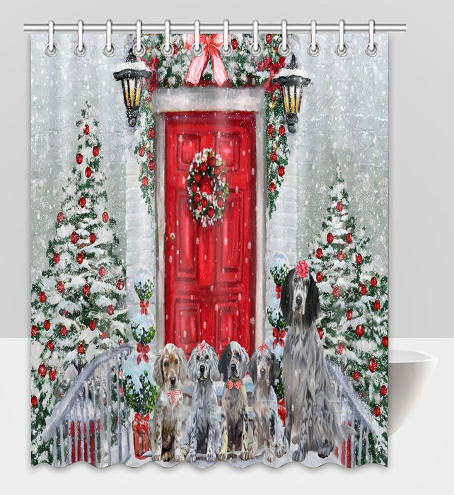 Christmas Holiday Welcome English Setter Dogs Shower Curtain Pet Painting Bathtub Curtain Waterproof Polyester One-Side Printing Decor Bath Tub Curtain for Bathroom with Hooks