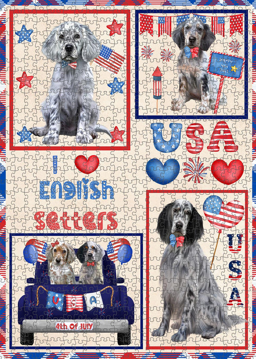 4th of July Independence Day I Love USA English Setter Dogs Portrait Jigsaw Puzzle for Adults Animal Interlocking Puzzle Game Unique Gift for Dog Lover's with Metal Tin Box
