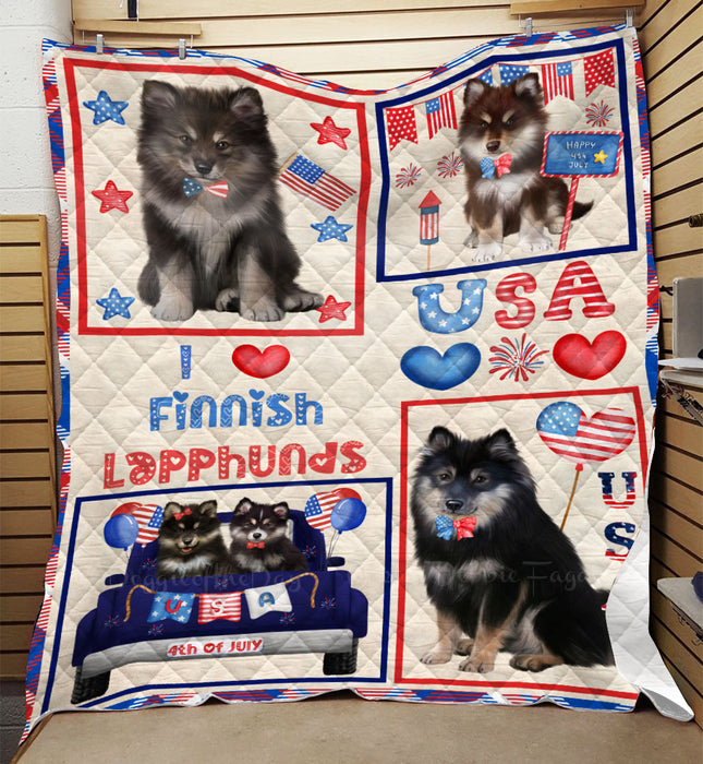 4th of July Independence Day I Love USA Finnish Lapphund Dogs Quilt Bed Coverlet Bedspread - Pets Comforter Unique One-side Animal Printing - Soft Lightweight Durable Washable Polyester Quilt