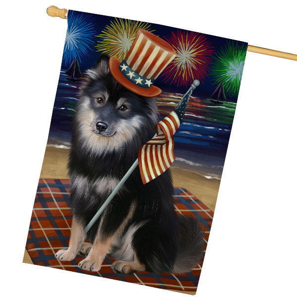 4th of July Independence Day Firework Finnish Lapphund Dog House Flag Outdoor Decorative Double Sided Pet Portrait Weather Resistant Premium Quality Animal Printed Home Decorative Flags 100% Polyester FLG68852