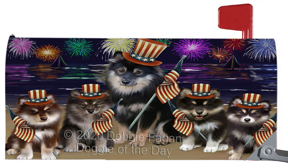 4th of July Independence Day Finnish Lapphund Dogs Magnetic Mailbox Cover Both Sides Pet Theme Printed Decorative Letter Box Wrap Case Postbox Thick Magnetic Vinyl Material