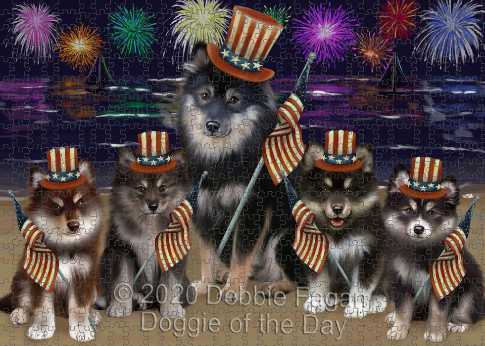 4th of July Independence Day Firework Finnish Lapphund Dogs Portrait Jigsaw Puzzle for Adults Animal Interlocking Puzzle Game Unique Gift for Dog Lover's with Metal Tin Box