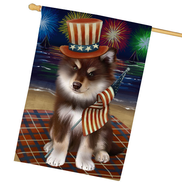 4th of July Independence Day Firework Finnish Lapphund Dog House Flag Outdoor Decorative Double Sided Pet Portrait Weather Resistant Premium Quality Animal Printed Home Decorative Flags 100% Polyester FLG68854