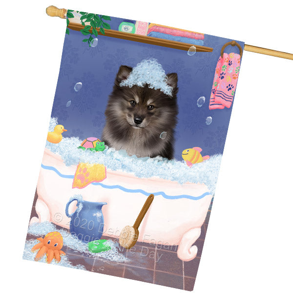 Rub a Dub Dogs in a Tub Finnish Lapphund Dog House Flag Outdoor Decorative Double Sided Pet Portrait Weather Resistant Premium Quality Animal Printed Home Decorative Flags 100% Polyester FLG69142