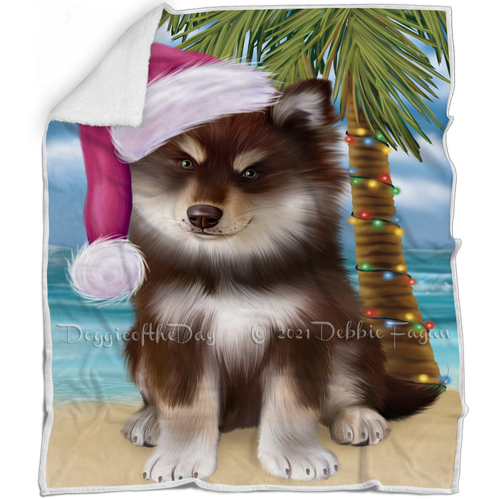 Summertime Happy Holidays Christmas Finnish Lapphund Dog on Tropical Island Beach Blanket BLNKT143439