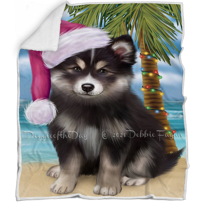 Summertime Happy Holidays Christmas Finnish Lapphund Dog on Tropical Island Beach Blanket BLNKT143440