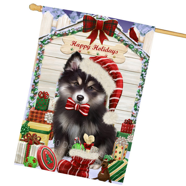 Christmas House with Presents Finnish Lapphund Dog House Flag Outdoor Decorative Double Sided Pet Portrait Weather Resistant Premium Quality Animal Printed Home Decorative Flags 100% Polyester FLG69218