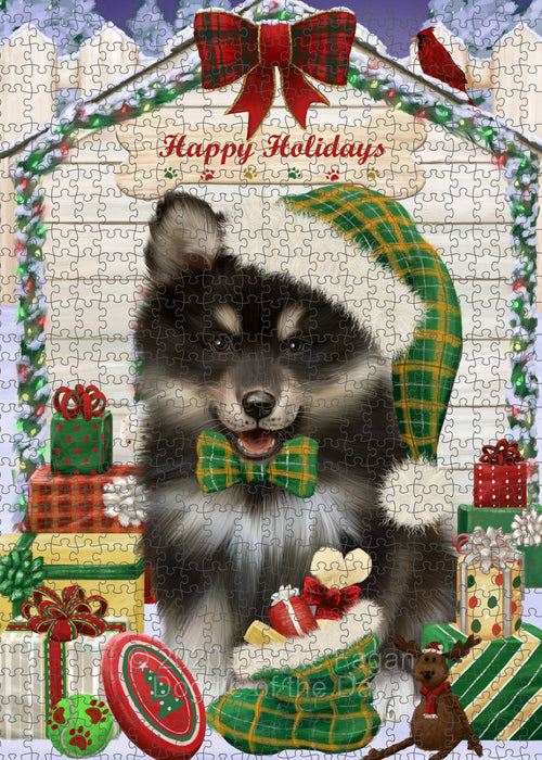 Christmas House with Presents Finnish Lapphund Dog Portrait Jigsaw Puzzle for Adults Animal Interlocking Puzzle Game Unique Gift for Dog Lover's with Metal Tin Box PZL650