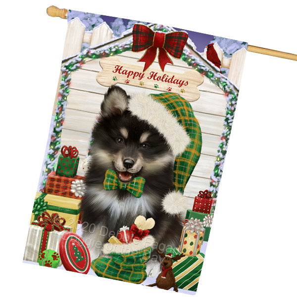 Christmas House with Presents Finnish Lapphund Dog House Flag Outdoor Decorative Double Sided Pet Portrait Weather Resistant Premium Quality Animal Printed Home Decorative Flags 100% Polyester FLG69215