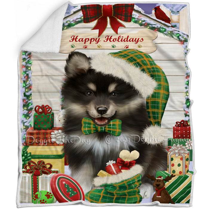Happy Holidays Christmas Finnish Lapphund Dog House with Presents Blanket BLNKT142081