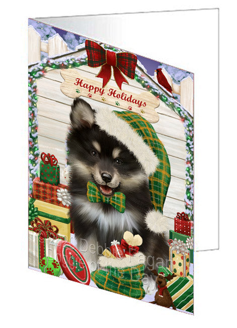 Christmas House with Presents Finnish Lapphund Dog Handmade Artwork Assorted Pets Greeting Cards and Note Cards with Envelopes for All Occasions and Holiday Seasons