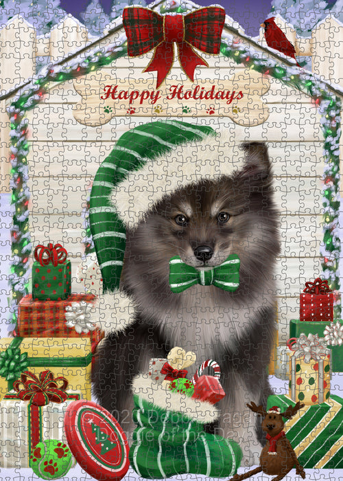Christmas House with Presents Finnish Lapphund Dog Portrait Jigsaw Puzzle for Adults Animal Interlocking Puzzle Game Unique Gift for Dog Lover's with Metal Tin Box PZL651