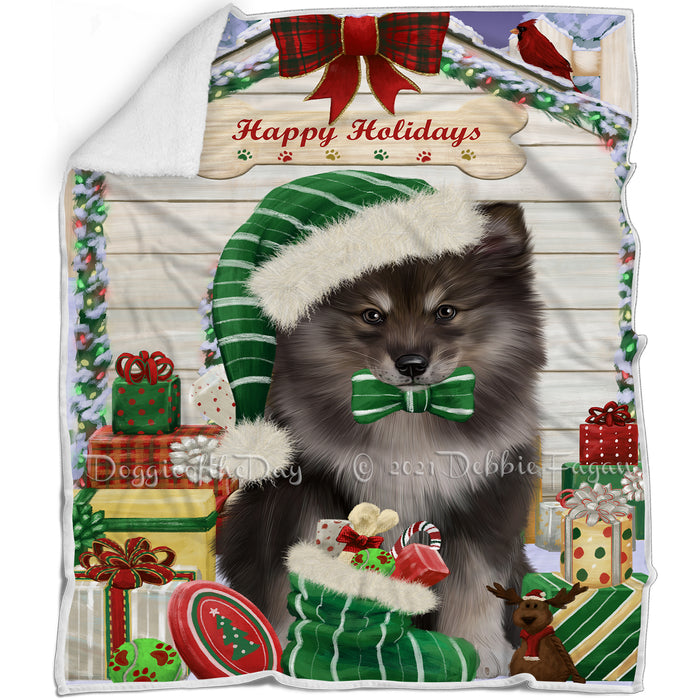 Happy Holidays Christmas Finnish Lapphund Dog House with Presents Blanket BLNKT142082