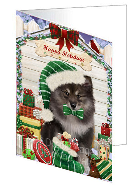 Christmas House with Presents Finnish Lapphund Dog Handmade Artwork Assorted Pets Greeting Cards and Note Cards with Envelopes for All Occasions and Holiday Seasons