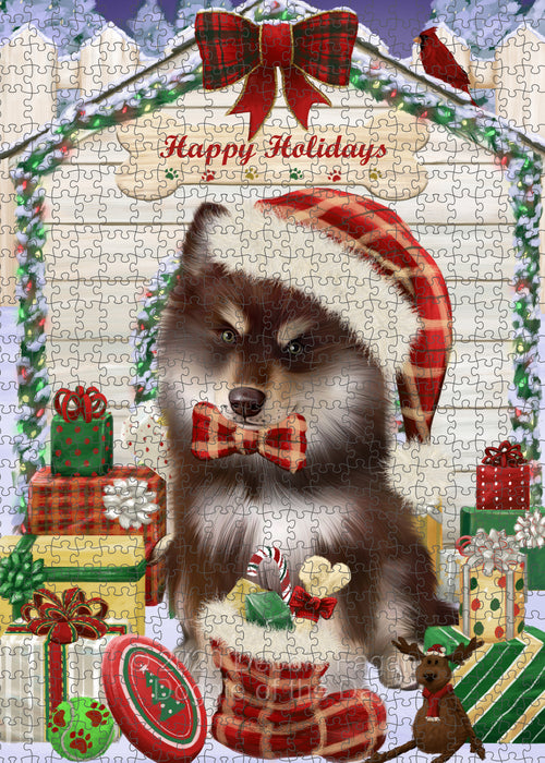 Christmas House with Presents Finnish Lapphund Dog Portrait Jigsaw Puzzle for Adults Animal Interlocking Puzzle Game Unique Gift for Dog Lover's with Metal Tin Box PZL652