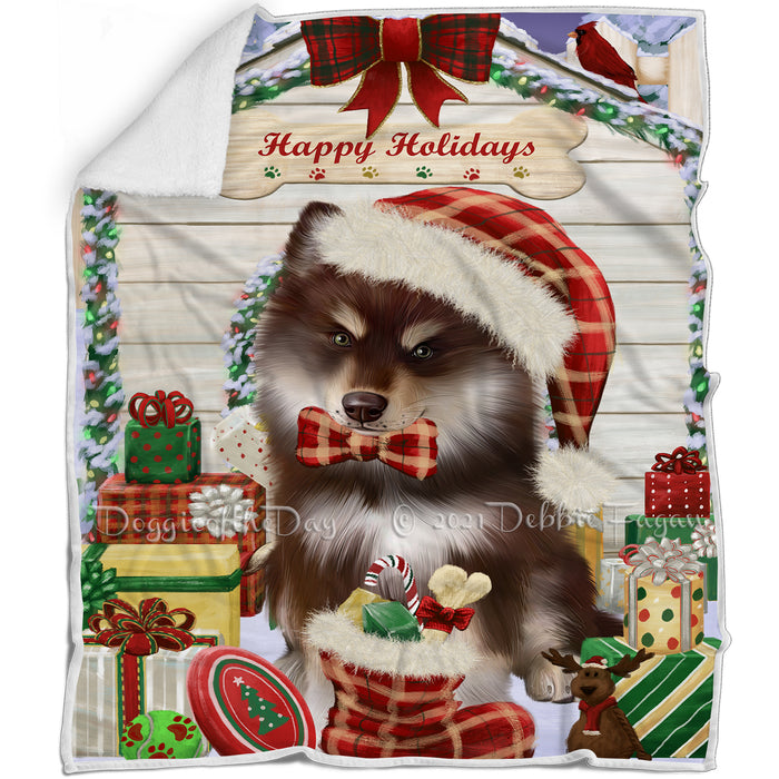 Happy Holidays Christmas Finnish Lapphund Dog House with Presents Blanket BLNKT142083