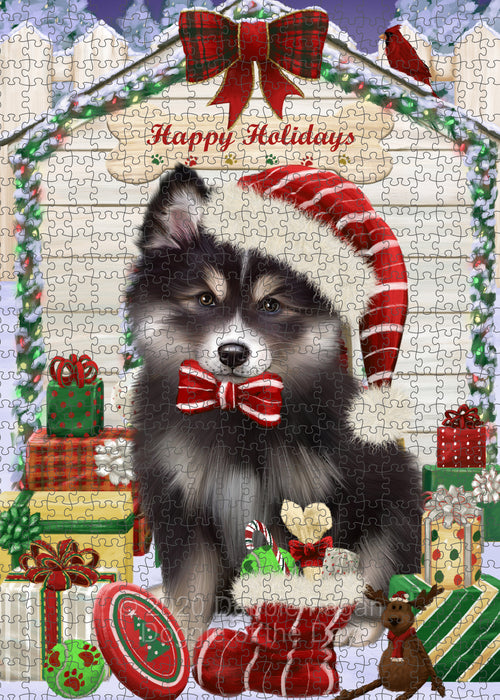 Christmas House with Presents Finnish Lapphund Dog Portrait Jigsaw Puzzle for Adults Animal Interlocking Puzzle Game Unique Gift for Dog Lover's with Metal Tin Box PZL653