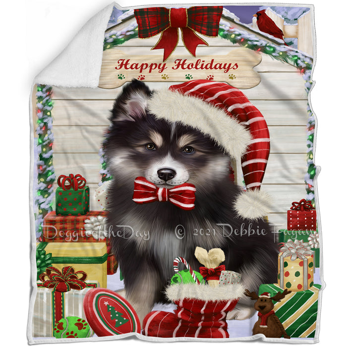 Happy Holidays Christmas Finnish Lapphund Dog House with Presents Blanket BLNKT142084